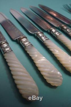 11pc Rare MOP Mother of pearl barley twist handle silver plate knive & Fork set