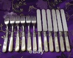 12 Pc Landers Frary & Clark Mother of Pearl Handle Flatware Set withSterling Bands