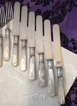12 Pc Landers Mother of Pearl Handled Fork & Knife Flatware Set Sterling Bands
