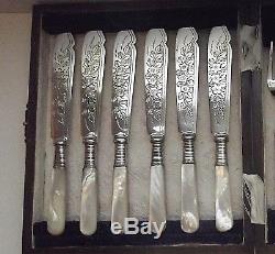 12 Pc Sheffield Mother of Pearl Handled Chased Floral FISH Set & Wood Chest