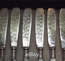12 Pc Sheffield Mother of Pearl Handled Chased Floral FISH Set & Wood Chest