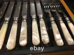 12 Pc. Silver and Mother of pearl dessert set with sterling bands-Sheffield 1921