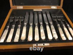 12 Pc. Silver and Mother of pearl dessert set with sterling bands-Sheffield 1921