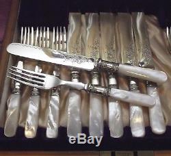 12 Piece Sheffield Mother of Pearl Handled Etched Dessert Set & Wood Chest