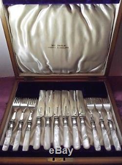 12 Piece Sheffield Mother of Pearl Handled Etched Dessert Set & Wood Chest