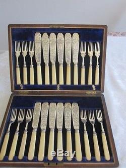 1913-1914 Sheffield Yates Bros Silver Etched Fish Knives & Fork Set 12 Box