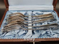 1950s Hefra Poland Warsaw Postmodern Silverplated Forks Set of 6 in Box-Rare