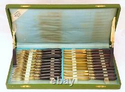 19TH LOUIS XV Style French Dessert Set 24 pieces Brass Wood Handles Table BOX