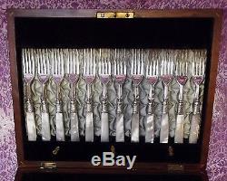 24 Pc Mother of Pearl Handled Fern Chased Dessert Flatware Set withWood Chest