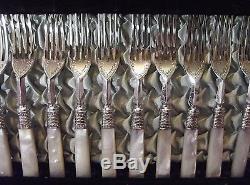 24 Pc Mother of Pearl Handled Fern Chased Dessert Flatware Set withWood Chest