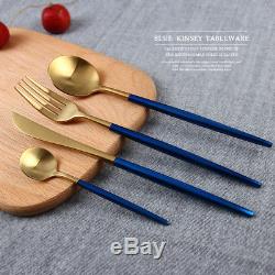 24-Piece Modern Blue Gold Brushed Stainless Steel Flatware Cutlery Set For 6
