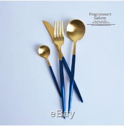 24-Piece Modern Blue Gold Stainless Steel Flatware Cutlery Set (6 Settings)