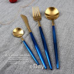 24-Piece Modern Blue Gold Stainless Steel Flatware Cutlery Set (6 Settings)
