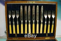 24pc Bone Handle Cutlery Sterling Silver collar Plate knife Fork box set canteen