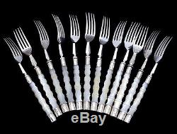 24pc STERLING SILVER MOTHER OF PEARL CARVED CHINESE BAMBOO FIGURAL FLATWARE SET