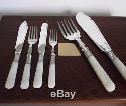 50 Pc Levesley Bros Mother of Pearl Handle Flatware Set & Wood Chest withKey