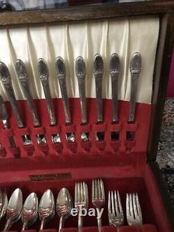 53 Pieces 1847 Rogers Bros IS First Love Silverware Set & Wood Case