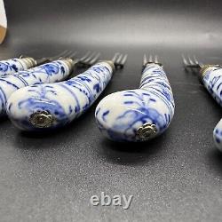 6 Antique Porcelain Handled Blue Onion Silverplate Dessert Forks Caps Set Europe