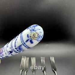 6 Antique Porcelain Handled Blue Onion Silverplate Dessert Forks Caps Set Europe