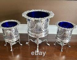 ANTIQUE 19th C. 3 PIECE SILVER PLATED GARNITURE SET COBALT BLUE GLASS VASES