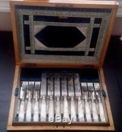 ANTIQUE 36 pc MOTHER OF PEARL & SILVER PLATE DESSERT CUTLERY SET- SHEFFIELD