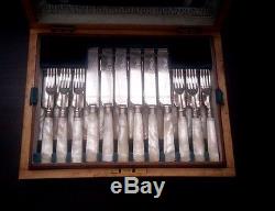 ANTIQUE 36 pc MOTHER OF PEARL & SILVER PLATE DESSERT CUTLERY SET- SHEFFIELD