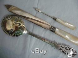 ANTIQUE SHEFFIELD MOTHER OF PEARL SILVER PLATE & STERLING DESSERT SET withBOX