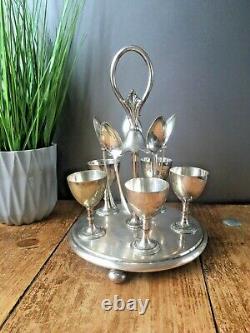 ANTIQUE c1872-91 SILVER PLATED THOMAS WHITE OF SHEFFIELD 5 EGG CUP SET ON STAND