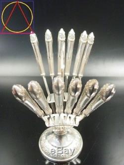 ART NOUVEAU luxury floral flatware 12 FRUIT KNIVES SET silverplated stand vtg