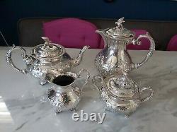 An Antique Silver Plated Bird Finial Tea Set. Embossed Patterns. J. Turton & co