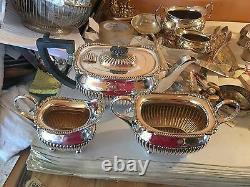 Ant tea set, teapot/creamer/open sugar, English SILVER PLATE 3 pc WILLIAM HUTTON