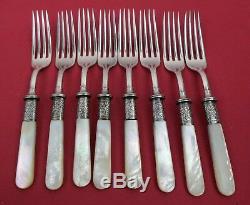Antique 16 pc Mermod & Jaccard Mother of Pearl Handle Fish Set Sterling Ferule