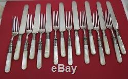 Antique 16 pc Mermod & Jaccard Mother of Pearl Handle Fish Set Sterling Ferule