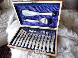 Antique 26 pc Mother of Pearl, silver plate cased Fish Cutlery Set incl. Server