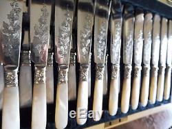 Antique 26 pc Mother of Pearl, silver plate cased Fish Cutlery Set incl. Server