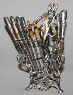 Antique Art Deco Silverplated Woman Statuette Knives Holder With 12 Knives