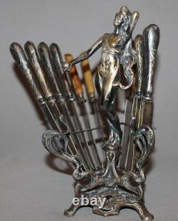 Antique Art Deco Silverplated Woman Statuette Knives Holder With 12 Knives