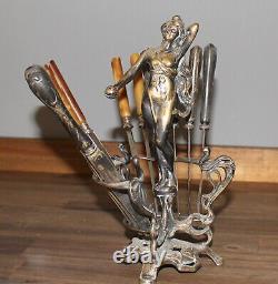 Antique Art Nouveau silver plated brass nude woman figurine holder 12 knives