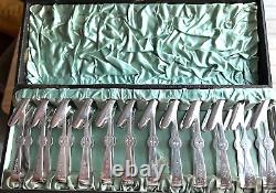 Antique Asparagus tongs SET 12 BOXED English silver Plate EXCELLENT