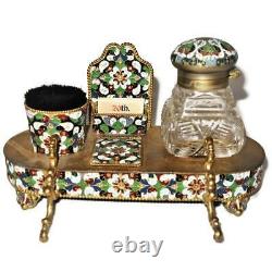 Antique E. G. Webster Silver Plate Hand Painted Inkwell Brush Desk Set, 7 3/8