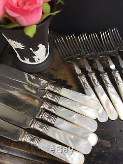 Antique English Mother Of Pearl Shell Fish Set Knives Forks