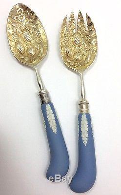 Antique English Wedgwood Jasper Ware Silver Plated Serving Fork Spoon Set FMGE