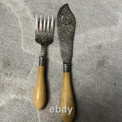 Antique Fish Serving Set Silver Plate Antler Handles KNIFE AND FORK ETCHED