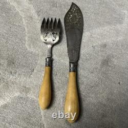 Antique Fish Serving Set Silver Plate Antler Handles KNIFE AND FORK ETCHED
