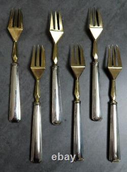 Antique French Art Deco Cake Forks Geometric Gold Silver Plated Set of 6 Cutlery