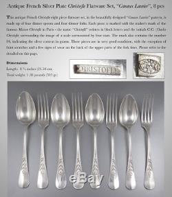 Antique French Silver Plate Christofle Flatware Set, Canaux Laurier, 8 pcs