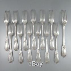Antique French Silver Plate Flatware Set, Dinner Spoons & Forks, Ravinet, 25 pcs