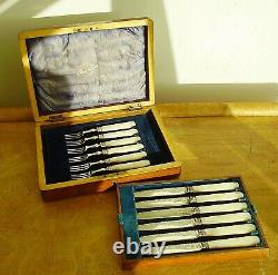 Antique Fruit Knives& Forks Cutlery Set &Box HM Silver Collars Mother of Pearl