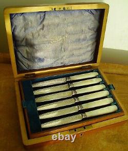 Antique Fruit Knives& Forks Cutlery Set &Box HM Silver Collars Mother of Pearl