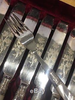 Antique Joseph Elliot & Sons Silverplate & Mother of Pearl Box Fork & Knife Set